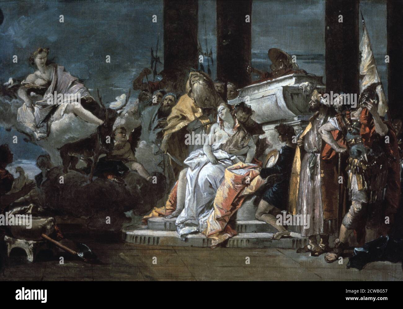 Opfer von Iphigenia' von Giovanni Battista Tiepolo, 1735. Artemis, die griechische Göttin der Jagd, beobachtet die Vorbereitungen für das Opfer von Iphigenia, Tochter von Agamemnon, das sie verlangt hat. Von der University of Arizona Museum of Art, Tucson, Arizona, USA. Stockfoto