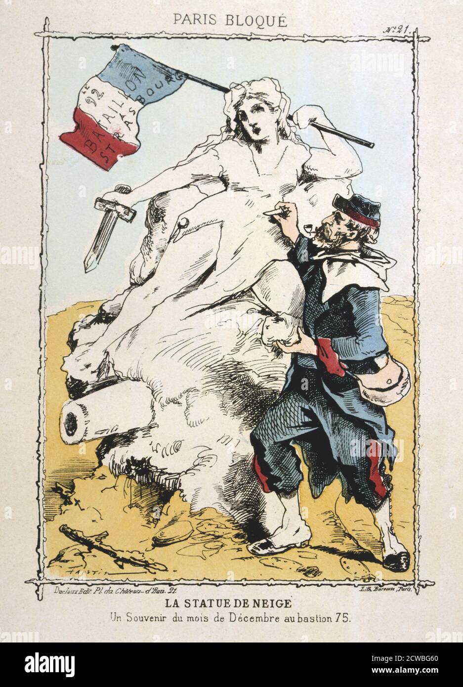 La Statue de Neige', 1870-1871. Karikatur mit einer Szene während der preußischen Belagerung von Paris im Deutsch-Französischen Krieg (1870-1871). Nach der verheerenden Niederlage der Franzosen in Sedan und der Eroberung Napoleons III. Umzingelten die Preußen Paris am 9. September 1870. Die Stadt hielt trotz Hungersnot und großer Not bis zum 28. Januar 1871. Aus einer Serie mit dem Titel Paris Bloque. Aus einer privaten Sammlung. Stockfoto