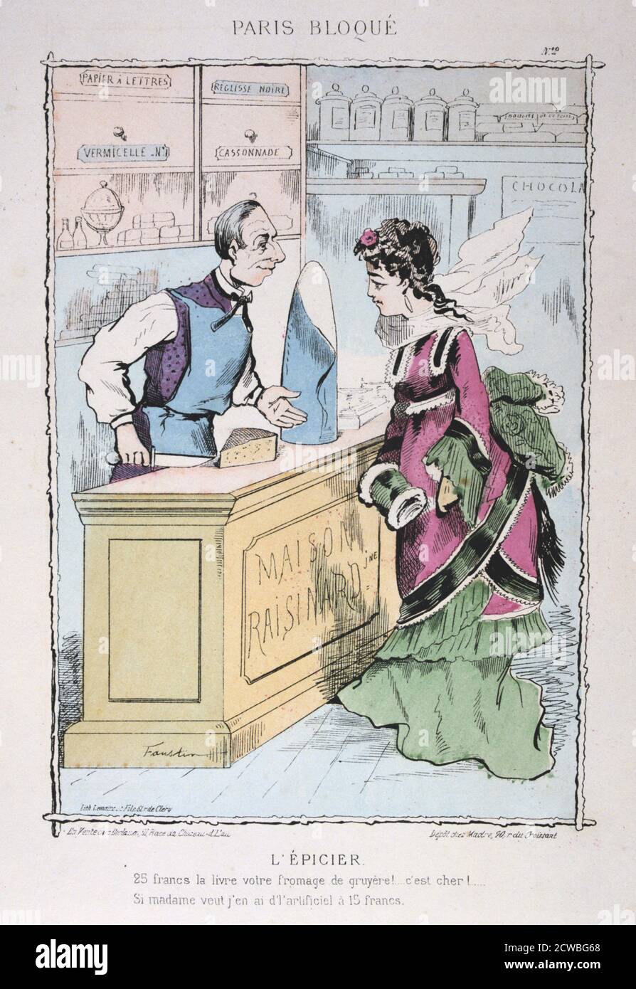 L'Epicier', 1870-1871. Karikatur mit einer Szene während der preußischen Belagerung von Paris im Deutsch-Französischen Krieg (1870-1871). Nach der verheerenden Niederlage der Franzosen in Sedan und der Eroberung Napoleons III. Umzingelten die Preußen Paris am 9. September 1870. Die Stadt hielt trotz Hungersnot und großer Not bis zum 28. Januar 1871. Aus einer Serie mit dem Titel Paris Bloque. Aus einer privaten Sammlung. Stockfoto