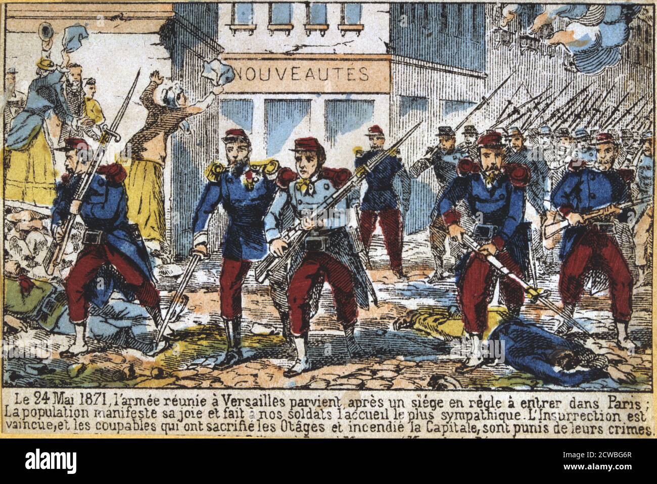 Soldaten der Regierung in Paris der Kommune, 24. Mai 1871 zu unterdrücken. Die Pariser Kommune wurde gegründet, als die Bürger von Paris, viele von Ihnen bewaffneten nationalen Schutz, gegen die Politik der konservativen Regierung nach dem Ende des Deutsch-Französischen Krieges rebellierten. Die linke Regime der Gemeinde herrschte in Paris für zwei Monate, bis die Regierung Truppen eroberten die Stadt in blutigen Kämpfen im Mai 1871. Aus einer privaten Sammlung. Stockfoto