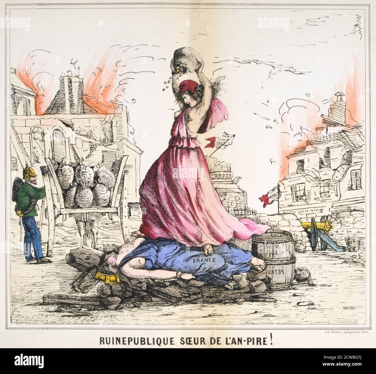 Ruinepublique Soeur de l'an-Pire!', 1871. Karikatur, die eine Figur zeigt, die die Pariser Kommune über einem gefallenen Frankreich stellt und sich darauf vorbereitet, einen Felsen auf sie zu werfen. Aus einer privaten Sammlung. Stockfoto