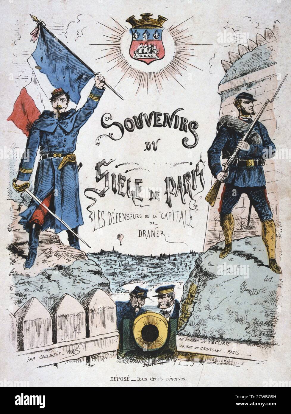 Abdeckung für Souvenirs du Belagerung de Paris, 1870-1871. Nach der verheerenden Niederlage der Franzosen bei Sedan und der gefangennahme Napoleons III., die Preußen in Paris am 9. September 1870 umgeben. Der französische Befehlshaber, General Trochu, entschieden, auf eine statische Verteidigung auf Festungsanlagen der Stadt, anstatt zu versuchen, durch die Preußischen Einkreisung zu brechen zu verlassen. Die Preußen, mittlerweile, hatte nicht die Absicht, sich in der Stadt, die sich auf eine Blockade ihrer Kapitulation zu zwingen. Die Stadt hielt trotz Hungersnot und große Härte, bis ein Bombardement mit schweren Belagerung Gewehren auf seine Kapitulation am 28. Januar führte Stockfoto