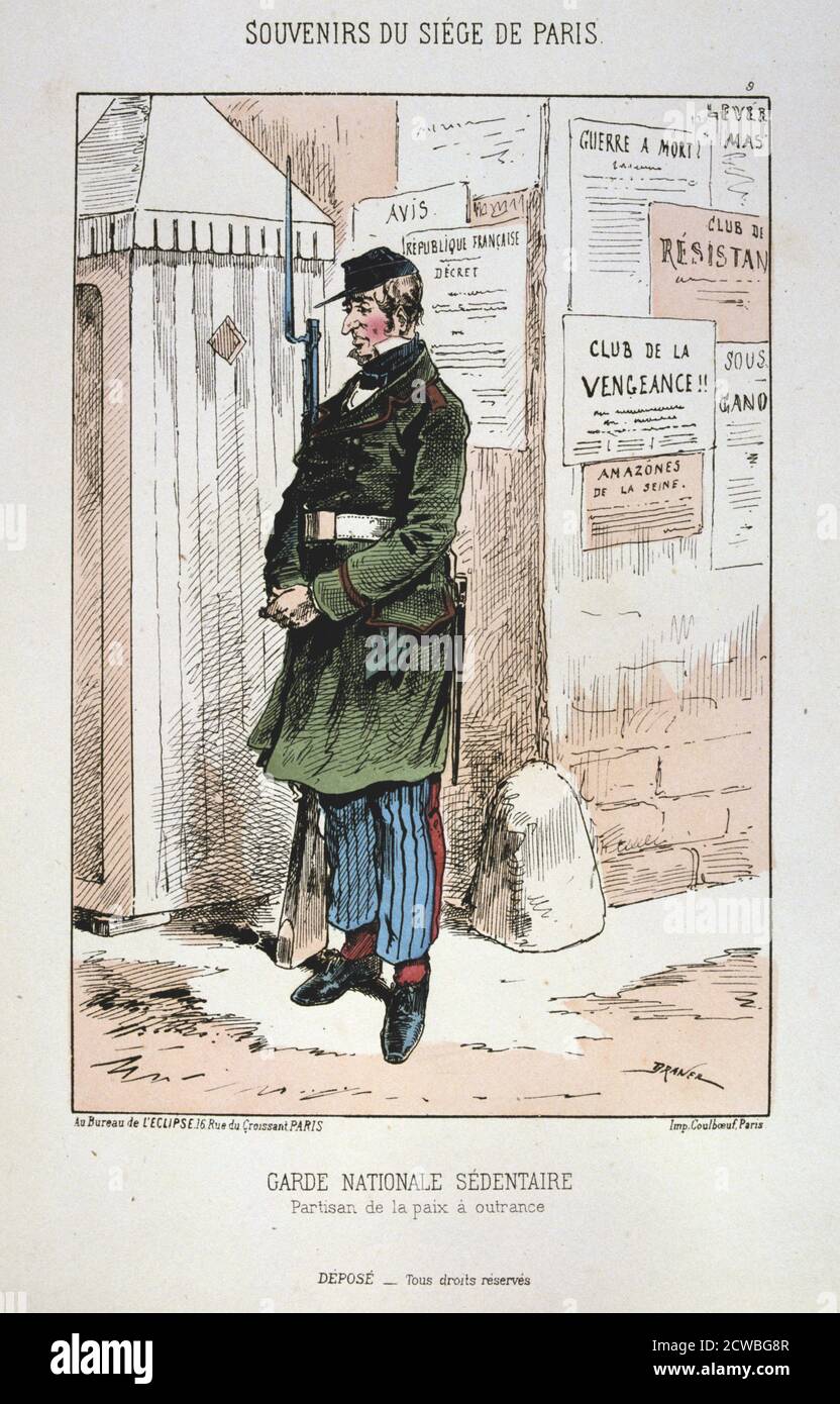 Garde Nationale Sedentaire', Belagerung von Paris, 1870-1871. Druck aus einer Serie mit dem Titel Souvenirs du Siege de Paris. Nach der verheerenden Niederlage der Franzosen in Sedan und der Eroberung Napoleons III. Umzingelten die Preußen Paris am 9. September 1870 und belagerten die Stadt bis zu ihrer endgültigen Kapitulation im Januar 1871. Die Garde Nationale war eine Armee, die von der Pariser Bürgerschaft rekrutiert wurde, um sie gegen jeden preußischen Angriff zu verteidigen. Sie waren maßgeblich am Sturz der Regierung im März 1871 und der Gründung der Pariser Kommune beteiligt. Aus einer privaten Sammlung. Stockfoto