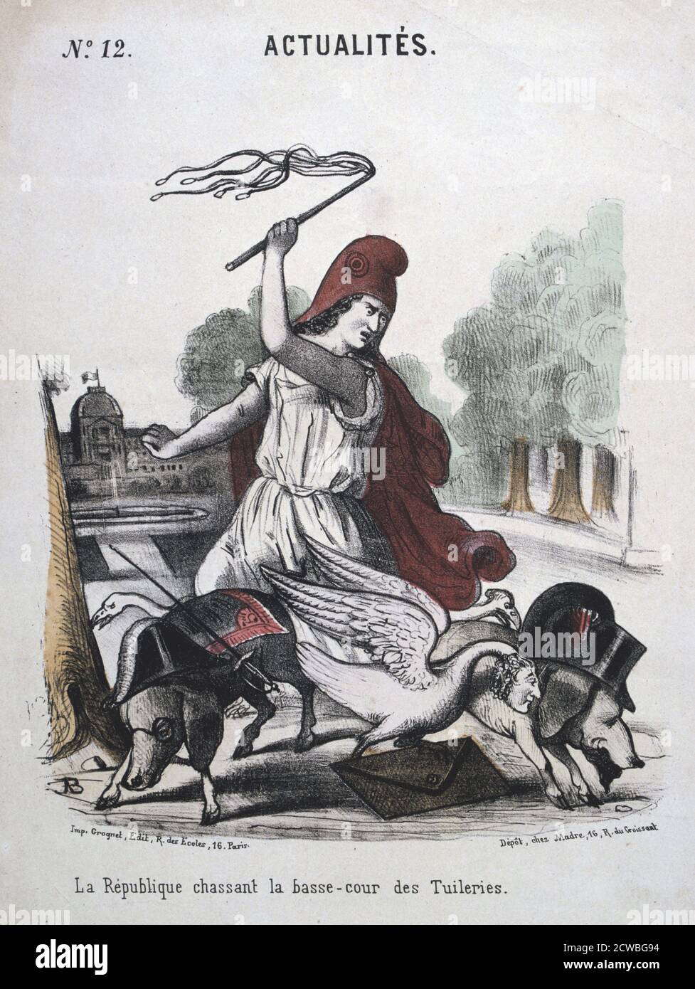 La Republique Chassant la Basse-Cour des Tuilleries' von Pilotell, allegorische Karikatur, Deutsch-Preußischer Krieg, 1870-1871. Die Dritte Republik wurde im September 1870 ausgerufen, nachdem die Niederlage der Franzosen bei der Schlacht von Sedan und die Eroberung Napoleons III. Das zweite Reich aus einer Privatsammlung beendet hatten. Stockfoto
