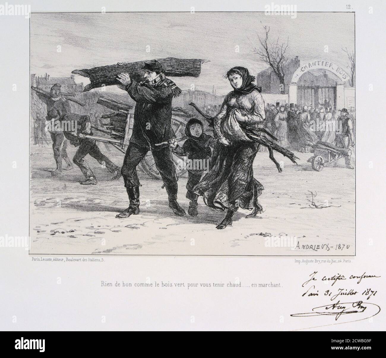 Feuerholz sammeln, von Auguste Bry, Belagerung von Paris, Deutsch-Preußischer Krieg, 1870 (1871). Nach der verheerenden Niederlage der Franzosen in Sedan und der Eroberung Napoleons III. Umzingelten die Preußen Paris am 9. September 1870. Die Stadt hielt trotz Hungersnot, Krankheit und Kälte, bis ein Bombardement mit schweren Belagerungswaffen führte zu seiner Kapitulation am 28. Januar 1871. Aus einer privaten Sammlung. Stockfoto