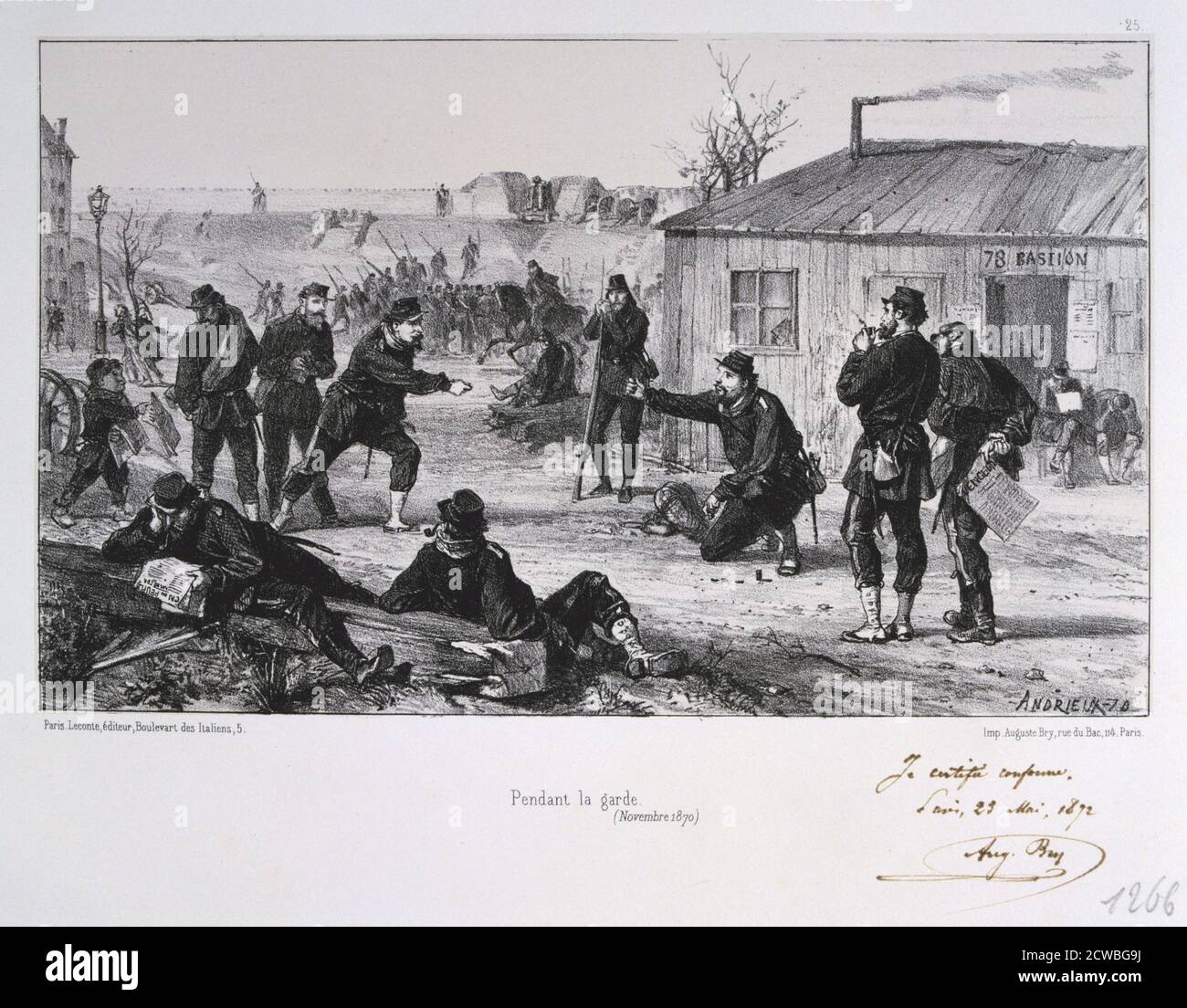 Pendant la Garde', Belagerung von Paris, französisch-preußischer Krieg von auguste bry, November 1870 (1872). Französische Soldaten entspannen sich während einer Ruhepause im Geschehen. Nach der verheerenden Niederlage der Franzosen in Sedan und der Eroberung Napoleons III. Umzingelten die Preußen Paris am 9. September 1870. Die Stadt hielt trotz Hungersnot, Krankheit und Kälte, bis ein Bombardement mit schweren Belagerungswaffen führte zu seiner Kapitulation am 28. Januar 1871. Aus einer privaten Sammlung. Stockfoto