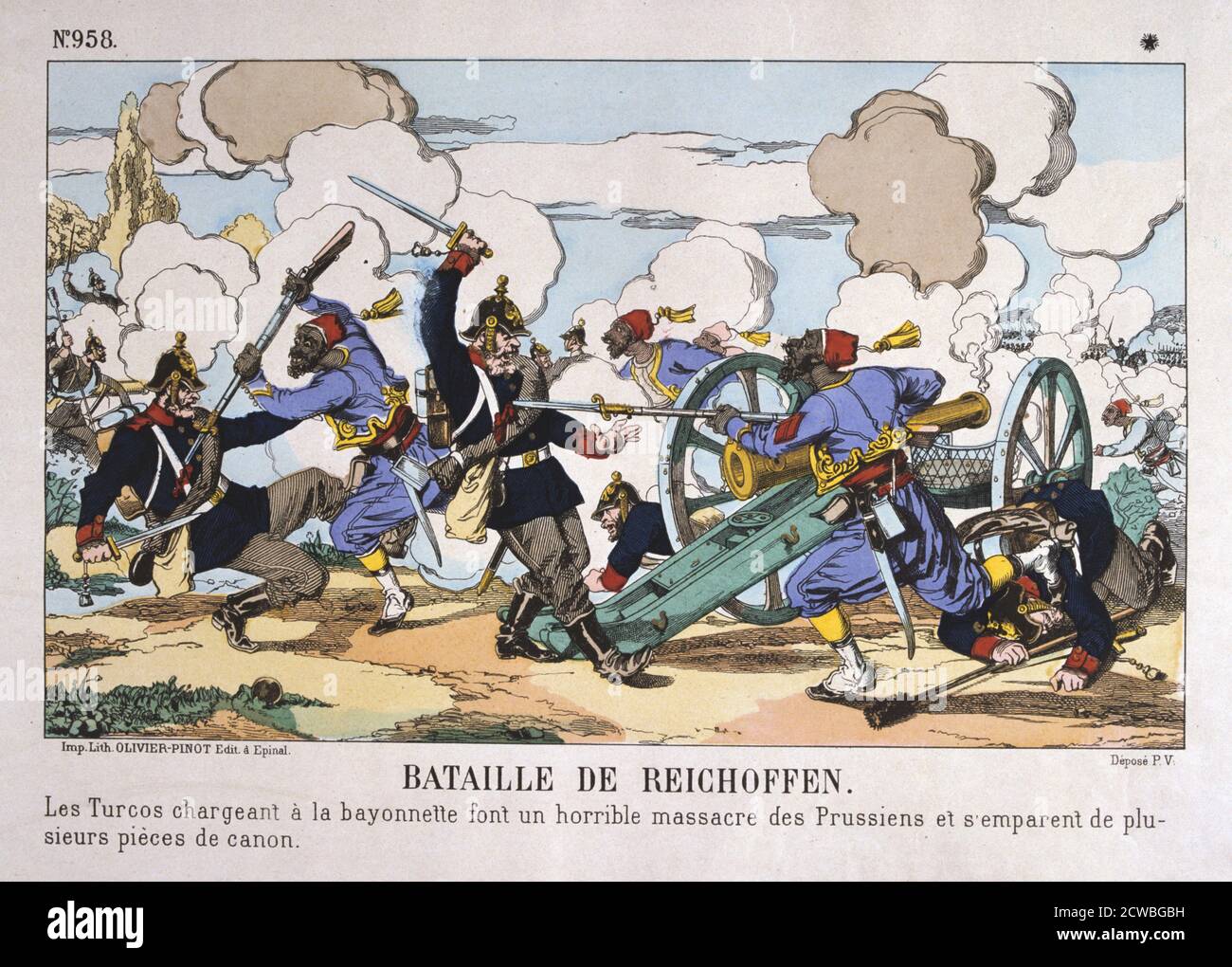 Schlacht von Reichshoffen, Deutsch-Französischen Krieg, 6. August 1870. Französische Infanterie eines Afrikanischen Regiment ein Bajonett kostenlos gegen eine preußische Artillerie Stellung. Die Schlacht von Reichshoffen (Schlacht von Wert), der ersten großen Engagement der Krieg endete mit einer Niederlage für die Franzosen. Aus einer privaten Sammlung. Stockfoto