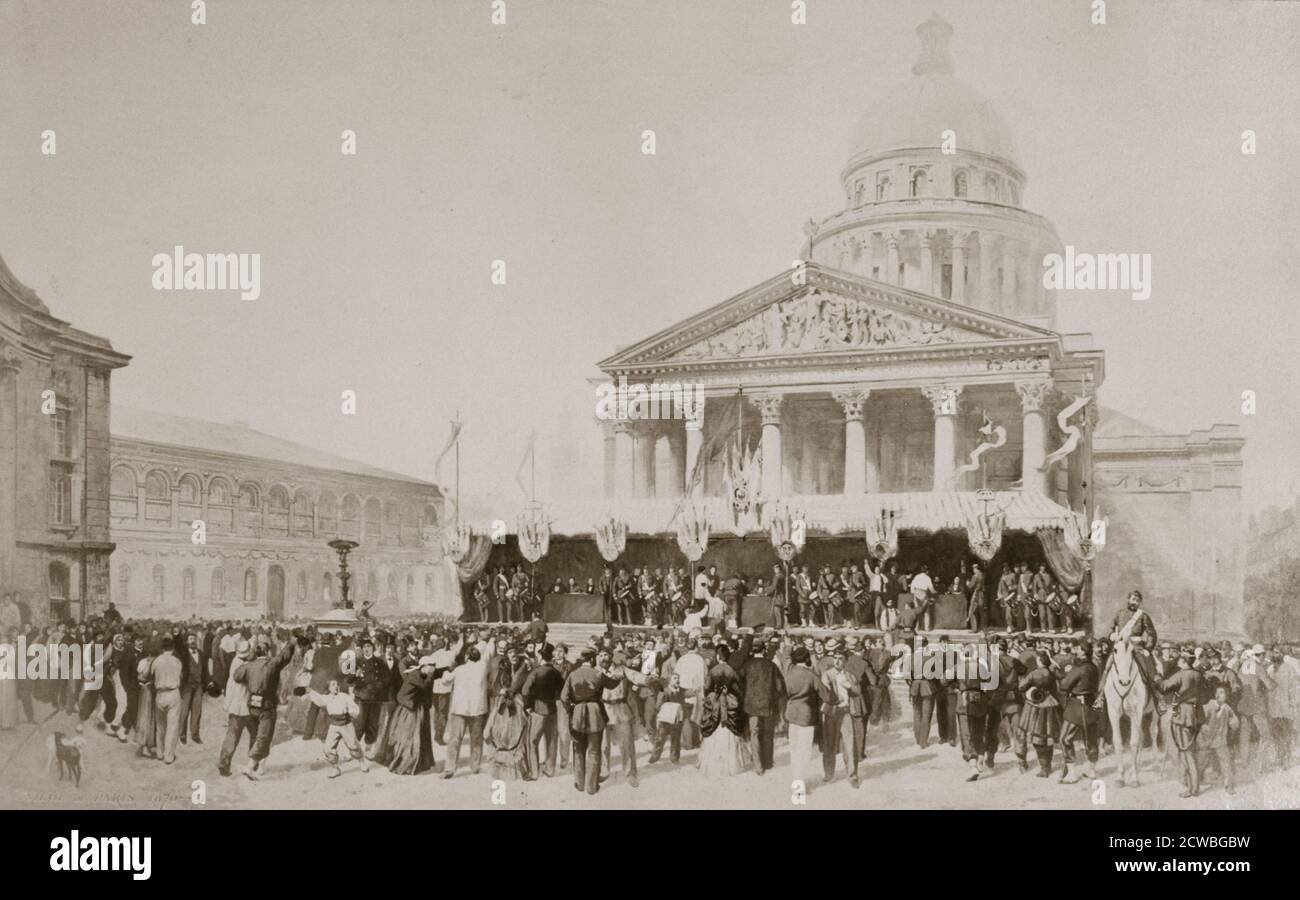 Rekrutierung von Freiwilligen in die National Guard, Place du Pantheon, Paris, Deutsch-Französischen Krieg, 1870-1871. Aus einer privaten Sammlung. Nach der Niederlage der Französischen Armee bei Sedan, die Preußen in Paris am 9. September 1871 umgeben. Die Nationalgarde (Garde Nationale) war eine Armee rekrutiert aus der Bürgerschaft von Paris gegen die preußischen Angriff zu verteidigen. Sie wurden in den Sturz der Regierung im März 1871 Instrumental- und der Errichtung der Pariser Kommune. Aus einer privaten Sammlung. Stockfoto