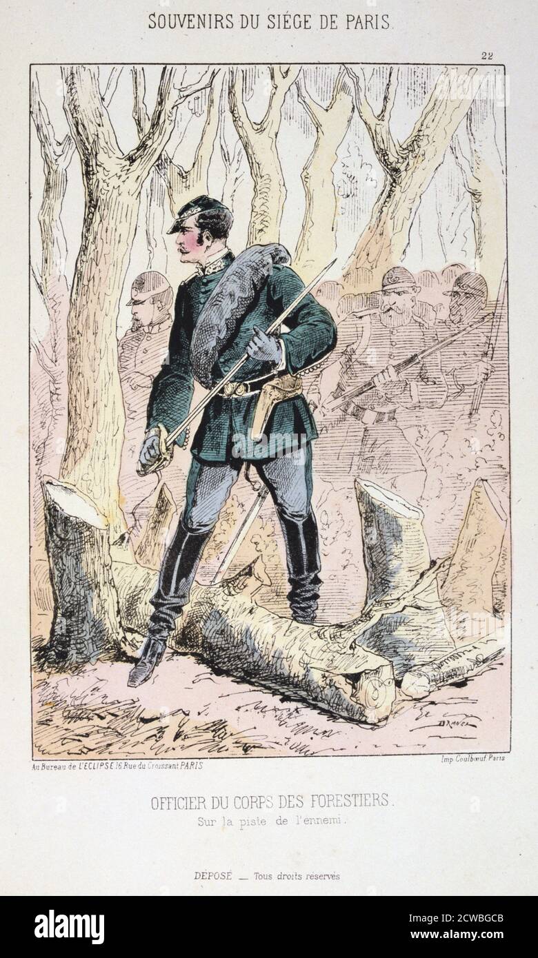 Officier du Corps des Forestiers', Belagerung von Paris, französisch-preußischer Krieg, 1870-1871. Nach der verheerenden Niederlage der Franzosen in Sedan und der Eroberung Napoleons III. Umzingelten die Preußen Paris am 9. September 1870. Die Stadt hielt trotz Hungersnot, Krankheit und Kälte, bis ein Bombardement mit schweren Belagerungswaffen führte zu seiner Kapitulation am 28. Januar 1871. Druck aus einer Serie mit dem Titel Souvenirs du Siege de Paris. Aus einer privaten Sammlung. Stockfoto