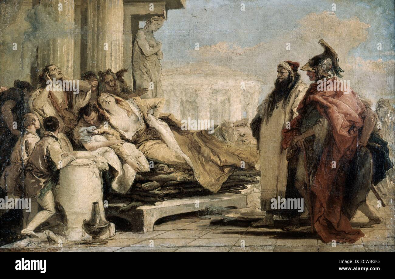 Tod des Dido' von Giovanni Battista Tiepolo, 1757. Nachdem Dido, die Königin von Karthago, ein hölzernes Bildnis ihres verstorbenen Ehemanns auf ihrem Ehebett auf ihrem eigenen Scheiterhaufen angestapelt hat, sticht sie mit dem Schwert ihres Geliebten Aeneas in die Höhe. Virgil erzählt die Geschichte ihrer traurigen Reaktion auf ihre Verlassenheit von Aeneas, dem Helden des Trojanischen Krieges und zukünftigen Begründer Roms. Aus der Sammlung des Puschkin-Museums, Moskau, Russland. Stockfoto