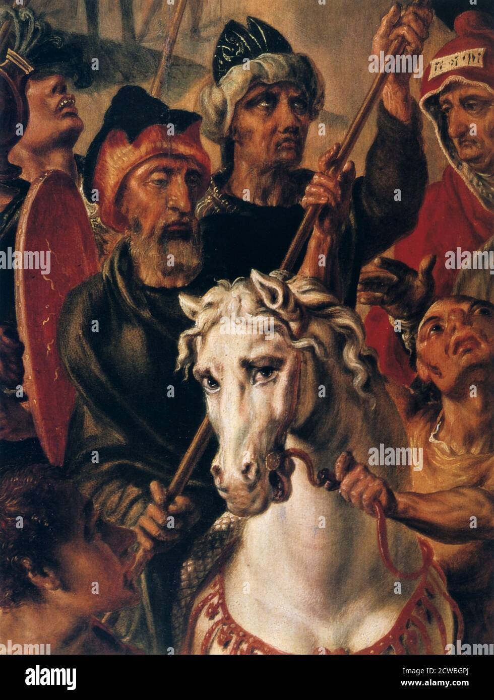 Calvary', von Maerten van Heemskerck Detail aus der Mitte, 1545-1550. Der blinde Longinus auf einem Pferd durchdringt mit seinem Speer die Seite des gekreuzigten Christus. Aus der Sammlung der Eremitage, St. Petersburg, Russland. Stockfoto