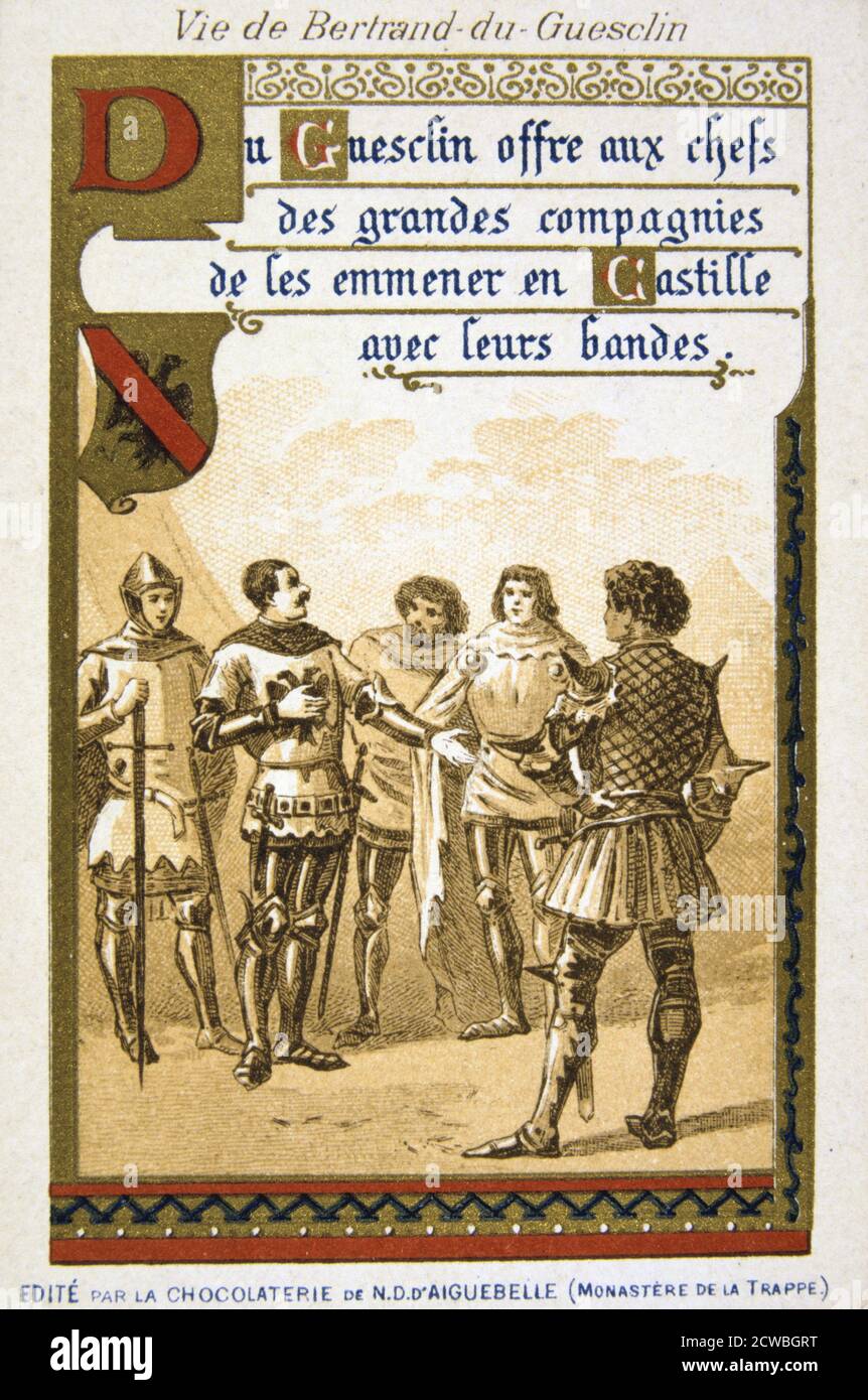 Szene aus dem Leben von Bertrand du Guesclin, (19. Jahrhundert). Guesclin bietet die Führer der großen Unternehmen und ihren Männern Castille zu führen. Bertrand du Guesclin (c 1320-1380) trat in den Dienst von Karl von Blois, Herzog von Bretagne, gegen die eindringenden Englischen kämpfen. Er wurde im Jahre 1354 zum Ritter geschlagen und diente später König Karl V. von Frankreich, der ihn Leutnant der Normandie und Graf von Longueville. In der Schlacht von Auray (1364), Du Guesclin wurde Freigekauft nach der Gefangennahme durch die Englischen und LED-Söldner in Spanien, wo er für Heinrichs von Trastamara gegen seine Hälfte gekämpft - brothe Stockfoto