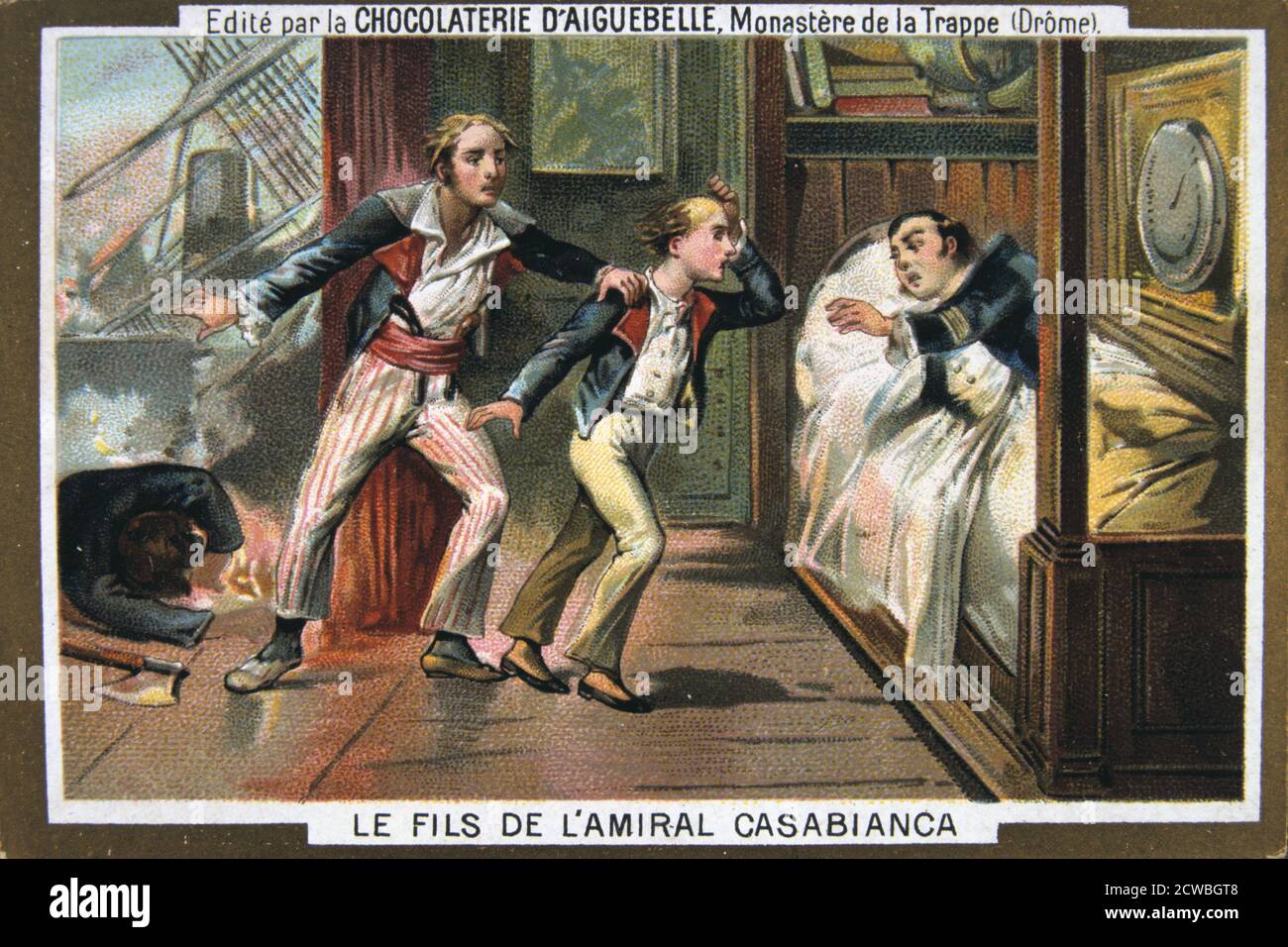 Der Tod von Admiral Casabianca und sein Sohn in der Schlacht am Nil, Ägypten, 1798, (19. Jahrhundert). Admiral Louis de Casabianca (c 1755-1798) der 'Orient', Flaggschiff der Napoleonischen Flotte geboten. Während der Schlacht um den Nil (in Frankreich als die Schlacht von aboukir Bay bekannt), des Befehlshabers der Flotte wurde getötet und Casabianca das Kommando. Obwohl es schwer verletzt er auf seinem Posten blieb. Sein junger Sohn, Giocante, weigerte sich, ihn zu verlassen, und beide starben an Bord der flammenden "Orient". Karte aus einer Reihe von Veröffentlichungen der Schokoladenfabrik im Kloster von Aiguebelle. Stockfoto