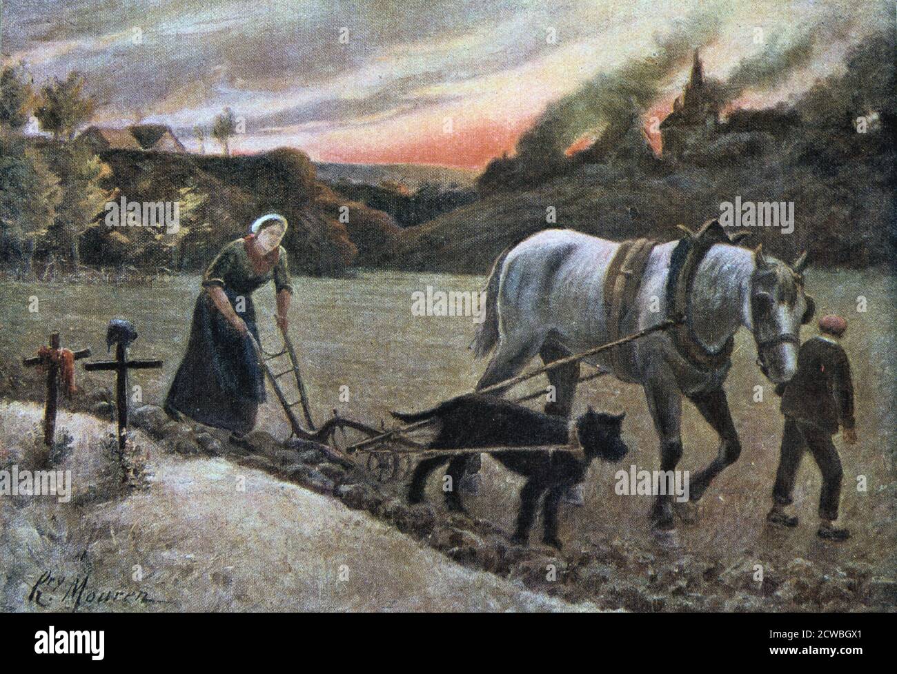 La Femme aux Champs', 1915. 'Die Frau der Felder' von H Mouren. Eine französische Witwe, die ihren Mann und Sohn im Ersten Weltkrieg verloren hat, umspannt den Familienhund sowie das Pferd, um ihr Land zu pflügen. Stockfoto