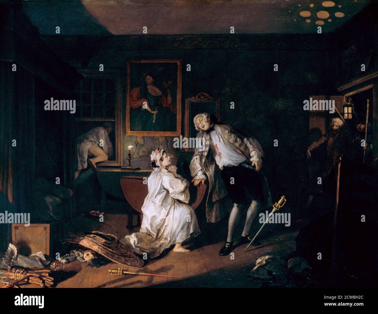 Heirat A-la-Mode: 5. The Bagnio' von william Hogarth, c1743. Ein bagnio, ursprünglich ein Kaffeehaus, das türkische Bäder anbietet, bedeutete später einen Ort, wo Zimmer ohne Fragen gemietet werden konnten. Die Gräfin bittet um Vergebung zu Füßen des Grafen, der an einer Wunde stirbt, die Silberzunge zugefügt hat und durch das Fenster flüchtet. Stockfoto