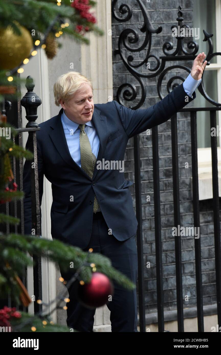 Foto von Premierminister Boris Johnson am Morgen nach dem Sieg der Wahl 2019. Stockfoto