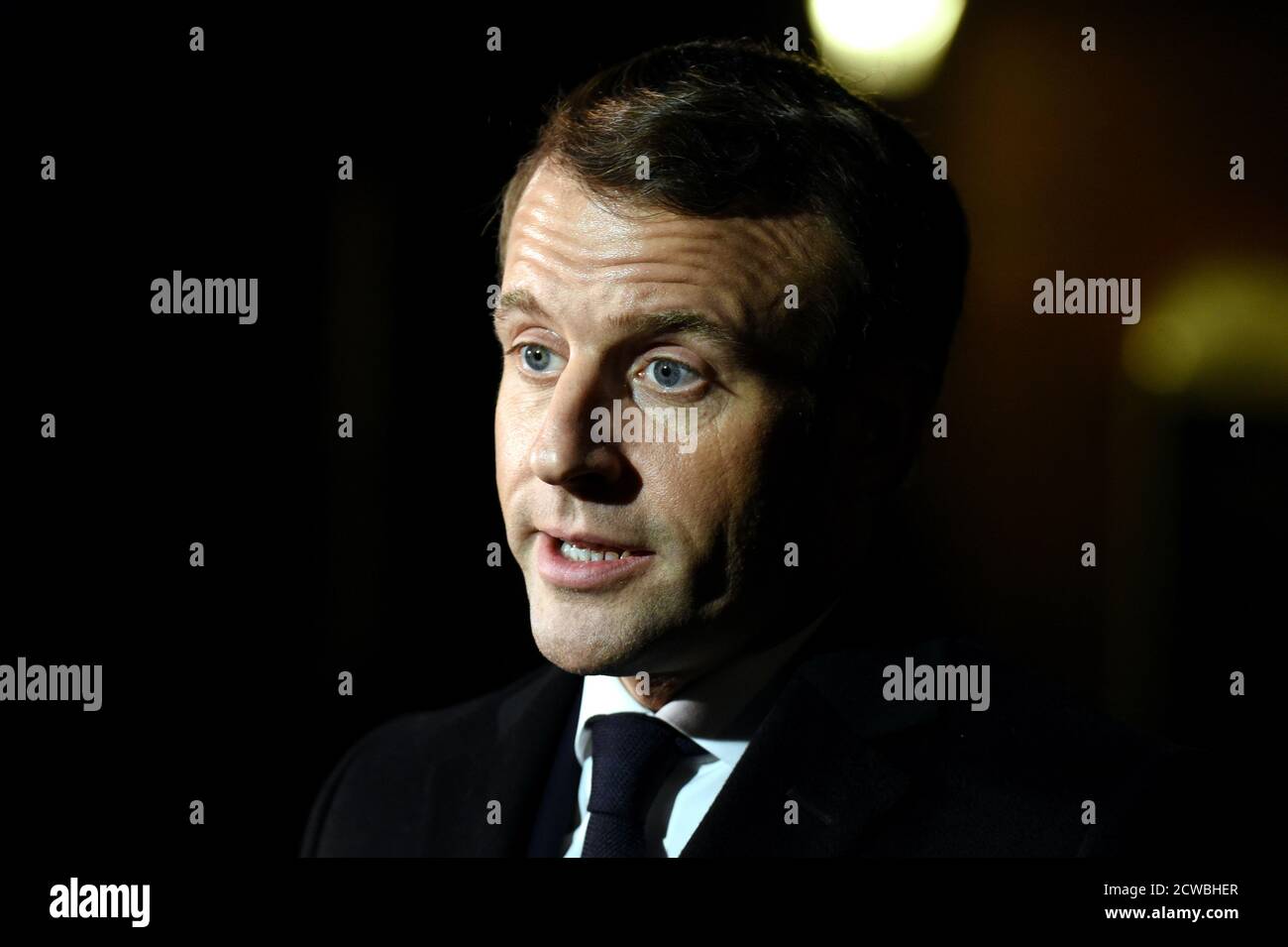 Foto von Emmanuel Macron, Präsident Frankreichs, beim NATO-Gipfel in London, Dezember 2019. Stockfoto