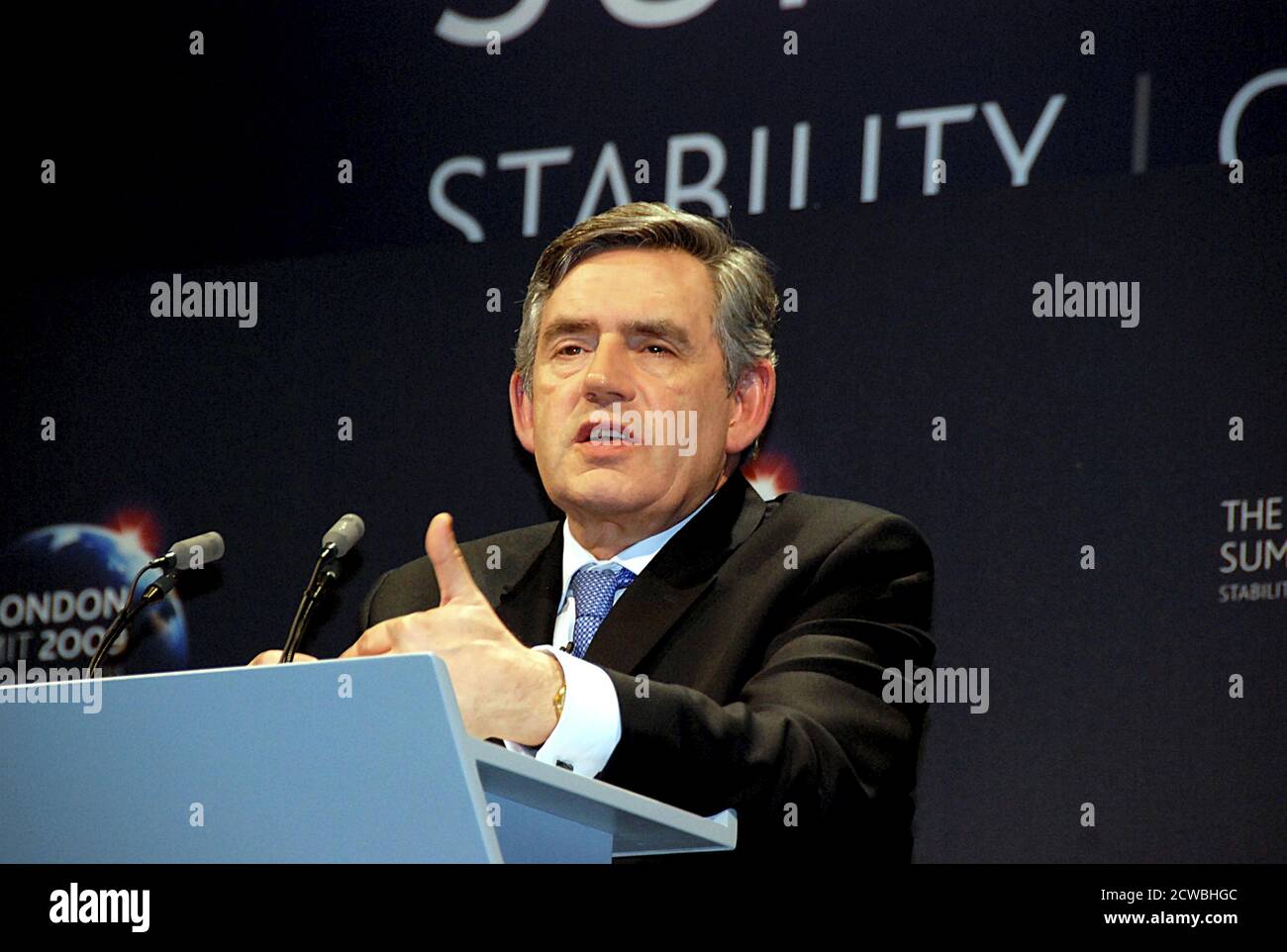 Foto von Gordon Brown beim G20-Gipfel in London 2009. James Gordon Brown (1951-) ein britischer Politiker, der von 2007 bis 2010 Premierminister des Vereinigten Königreichs und Vorsitzender der Labour Party war Stockfoto