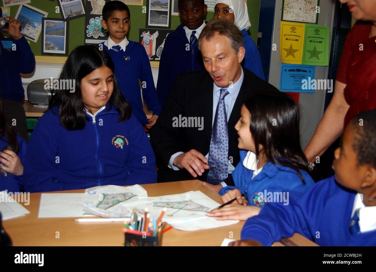 Foto von Premierminister Tony Blair. Anthony Charles Lynton Blair (1953-) ein britischer Politiker, der von 1997 bis 2007 Premierminister des Vereinigten Königreichs und von 1994 bis 2007 Vorsitzender der Labour Party war. Nach seinem Rücktritt wurde er zum Sonderbeauftragten des Nahost-Quartetts ernannt, das er bis 2015 innehatte Stockfoto
