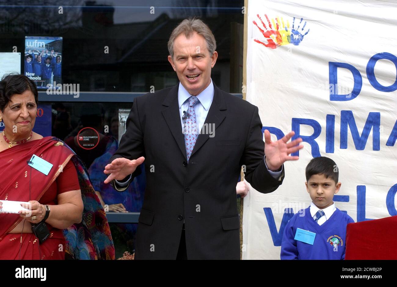 Foto von Premierminister Tony Blair. Anthony Charles Lynton Blair (1953-) ein britischer Politiker, der von 1997 bis 2007 Premierminister des Vereinigten Königreichs und von 1994 bis 2007 Vorsitzender der Labour Party war. Nach seinem Rücktritt wurde er zum Sonderbeauftragten des Nahost-Quartetts ernannt, das er bis 2015 innehatte Stockfoto