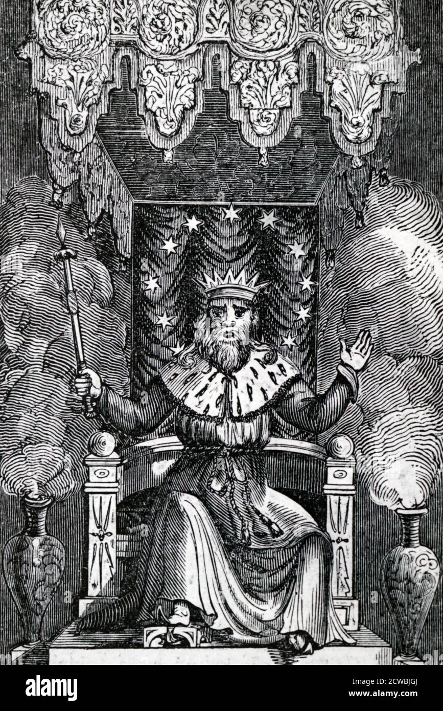 Gravur mit Thor, Sohn von Odin, gott des Donners und der Beleuchtung in der nordischen Mythologie Stockfoto
