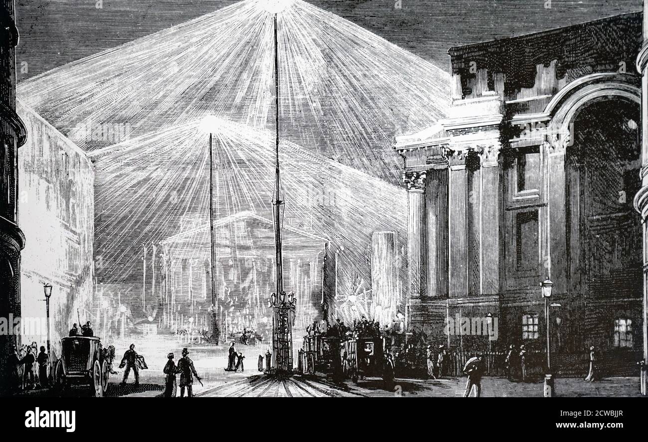 Gravur mit der Darstellung des Royal Exchange and Mansion House, London, beleuchtet von den Karbonbogenlampen von Carl Wilhelm Siemens. Stockfoto