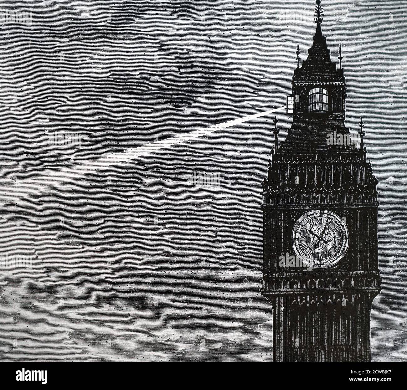 Gravur, die eine Karbonbogenlampe mit Chance bros Optik zeigt und von einem Gram Dynamo angetrieben wird, der verwendet wird, um das Leuchtfeuer auf der Oberseite des Victoria Clock Tower, Westminster, anzuzünden. Stockfoto