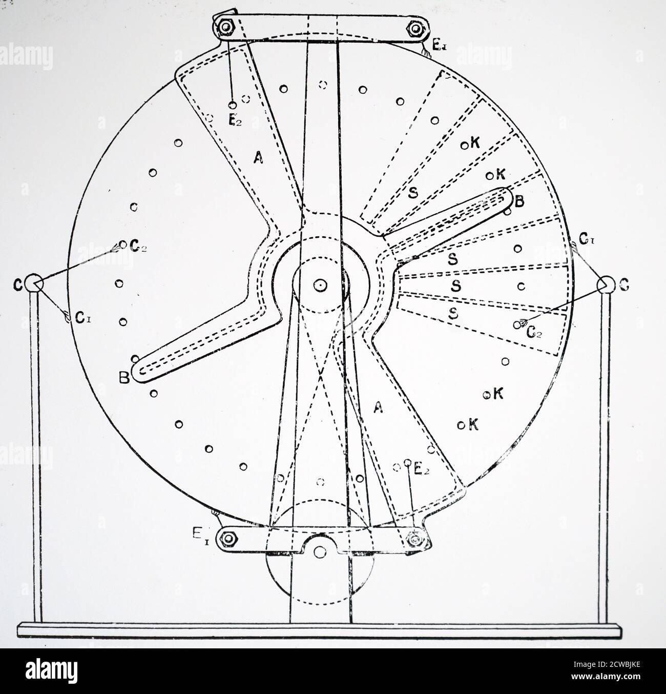 Gravur, die ein Diagramm der Vorderseite von W. R. Pidgeons statischer oder 'Einflussmaschine' darstellt. In dieser Maschine gab es jeweils drei Scheiben Stockfoto