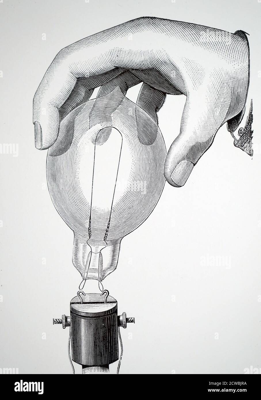 Gravur, die eine Karbon-Glühlampe zeigt, die durch Drahtschlaufen mit Haken an einem Halter verbunden ist (Swinburne Globe). Stockfoto