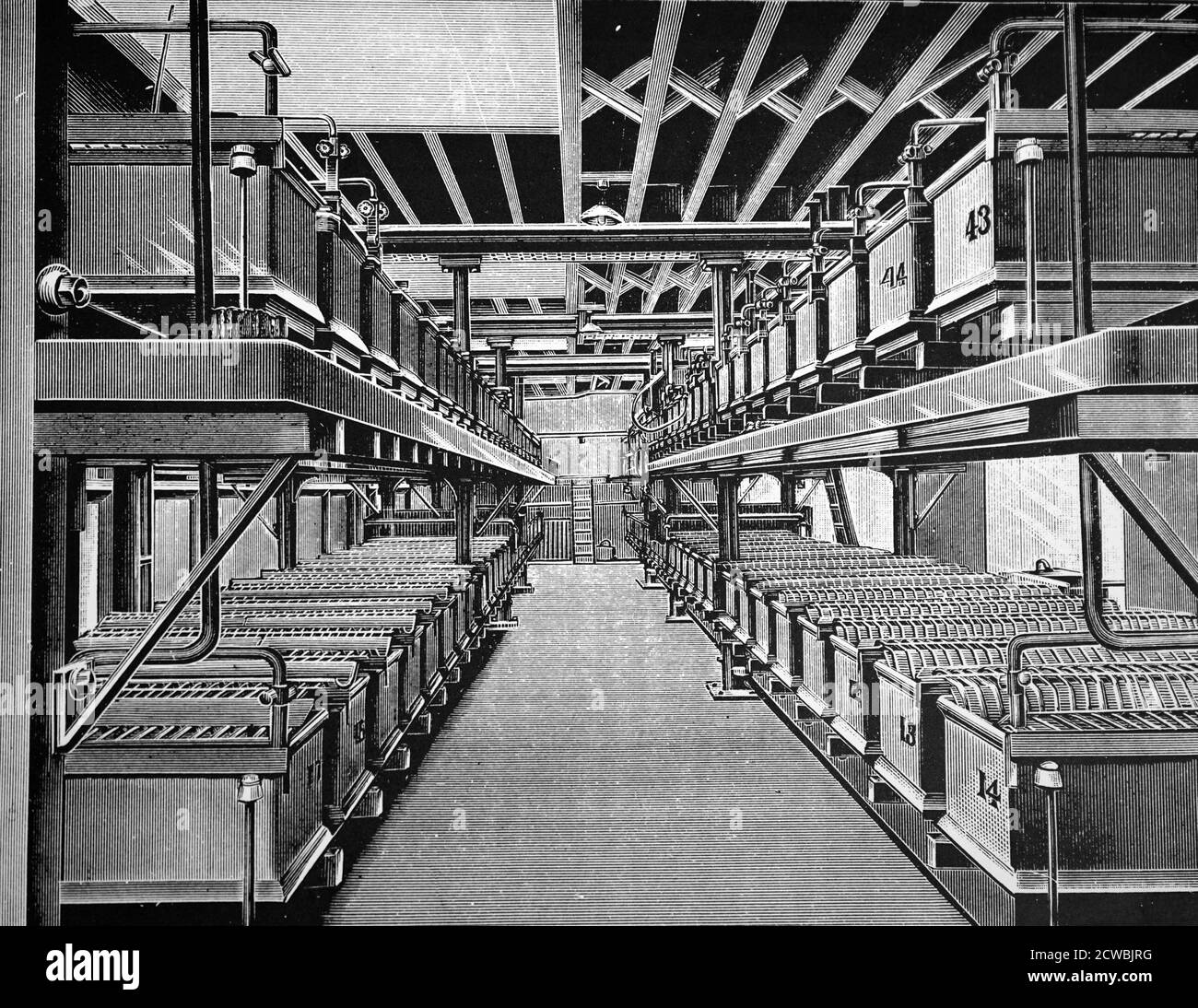 Gravur, die das Notting Hill Kraftwerk darstellt: Der sekundäre Batterieraum, der mit Crompton-Howell-Zellen ausgestattet ist. Stockfoto