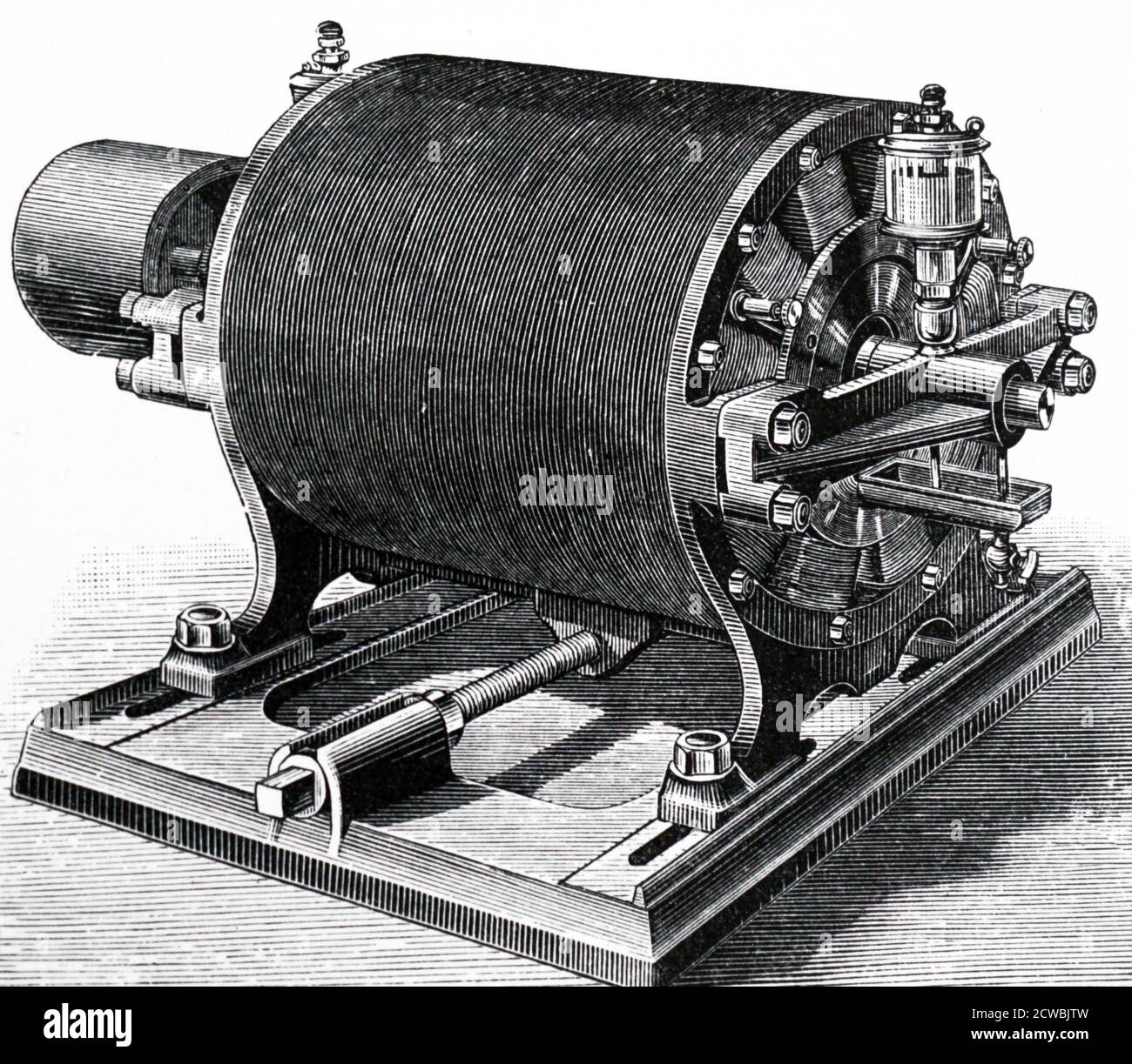 Gravur mit Teslas rotierendem Induktionsmotor (1885), der die Klimaanlage und die großräumige Verteilung von Elektrizität ermöglichte. Zylinder aus Stableitern, umgeben von elektromagnetischen Spulen. Der Motor verwendete Faraday's Entdeckung der elektromagnetischen Induktion (1832). Stockfoto