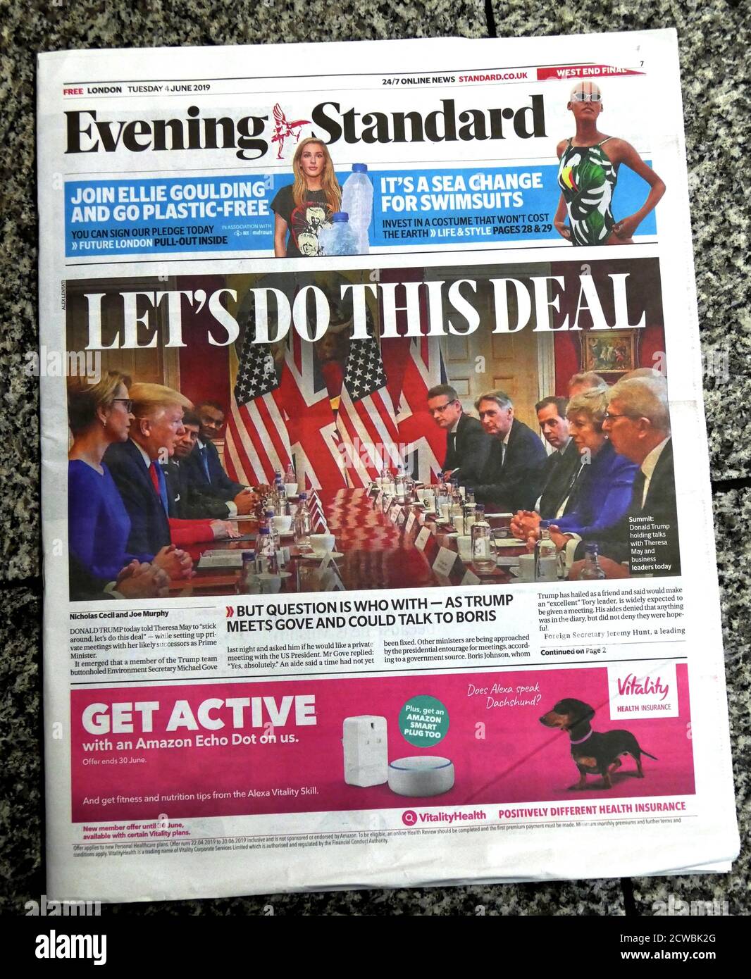 Titelseite des Evening Standard, der über Gespräche zwischen Präsident Donald Trump und Premierministerin Theresa May während seines Besuchs im Vereinigten Königreich berichtet. Stockfoto