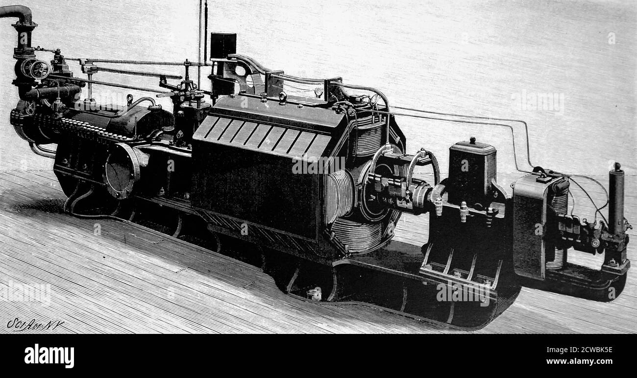 Gravur mit einem Parsons 75 kw Turbogenerator, der zur Stromversorgung im Hotel Cecil, London, verwendet wurde. Stockfoto