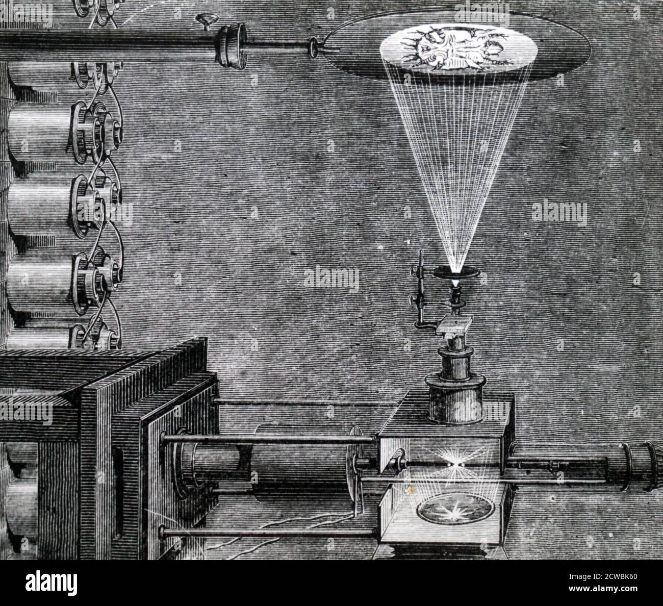 Gravur, die eine Batterie nasser Zellen darstellt, die zur Stromversorgung einer Lichtbogenlampe verwendet werden, die ein vorspringendes Mikroskop beleuchtet. Stockfoto