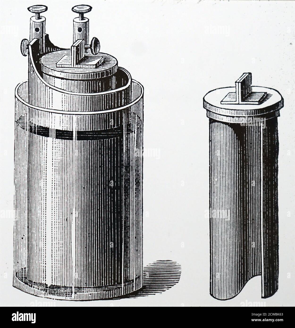 Gravur, die Groves Element darstellt: Verwendet von William Grove im Jahr 1839: Auf der rechten Seite ist ein s-förmiger Platinkern. Stockfoto