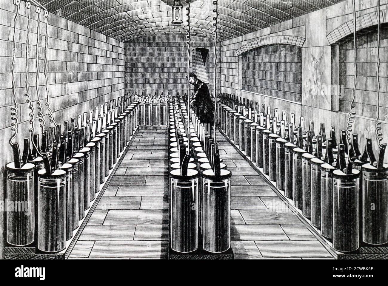 Gravur, die eine Batterie von 165 plante Zellen darstellt, die im Hotel de Ville, Paris, zur Lichtversorgung verwendet wurden. Stockfoto