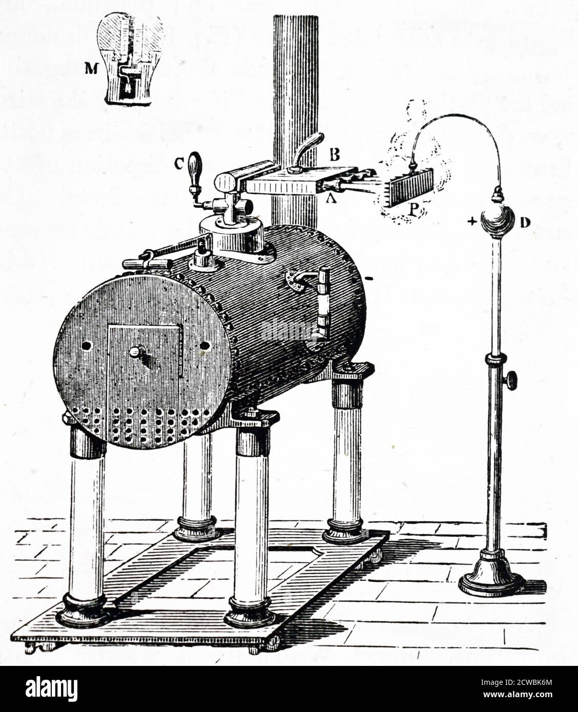 Gravur, die William Armstrongs hydroelektrische Maschine darstellt. Der Kessel wurde auf isolierten Säulen montiert und der Dampf elektrifiziert positiv, der Kessel negativ. Es wurden fast zwei Fuß lange Funken erzeugt. Stockfoto