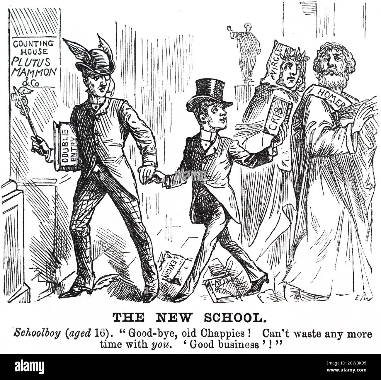 Karikatur mit dem Titel "der britische Bildungsfluch". Akademische und berufliche Bildung werden getrennt gehalten. Stockfoto