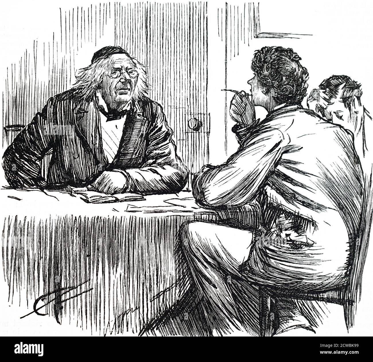 Karikatur mit jungen Männern, die an einer Vorlesung an der Universität teilnehmen. Stockfoto