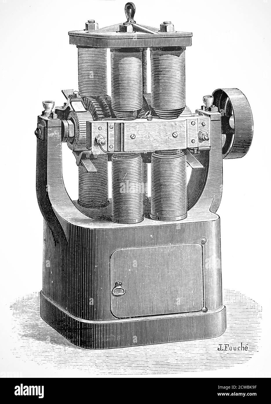 Gravur mit dem Generator von Zenobe Gram, der für elektrisches Licht verwendet wird. Dieses Modell könnte Strom für 500 Lampen liefern. Stockfoto