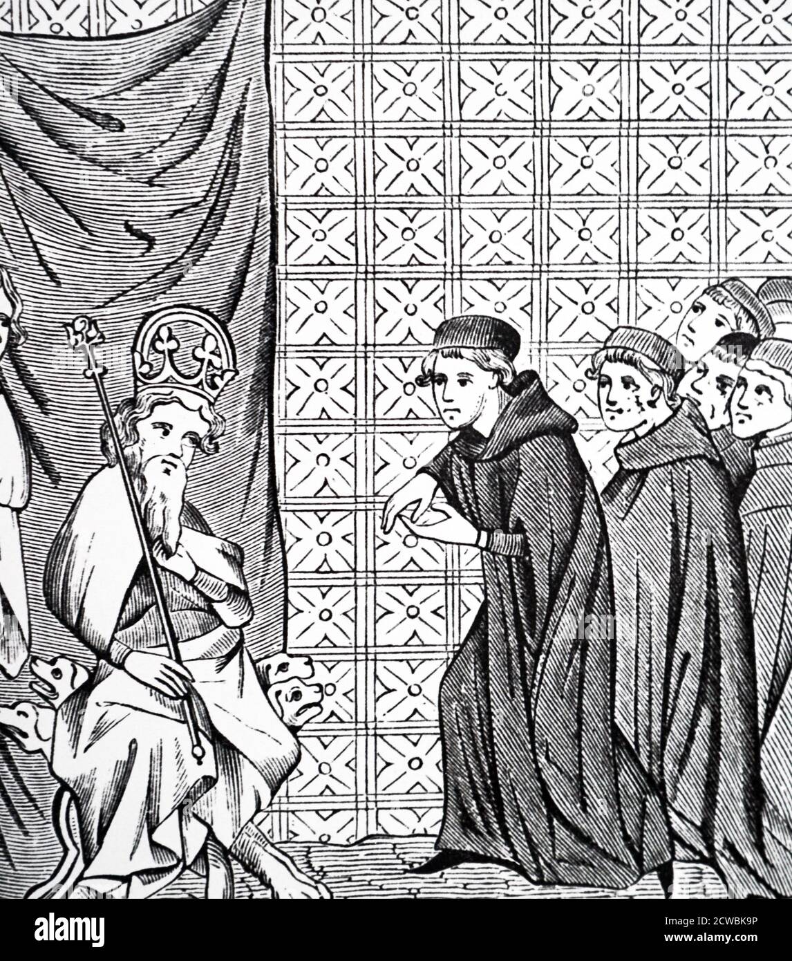 Holzschnitt, der Kaiser Karl IV. (1316-1378) darstellt, der von Fellows der Pariser Universität bedrängt wird. Stich nach Handschrift 'Chroniques de St Denis'. Stockfoto