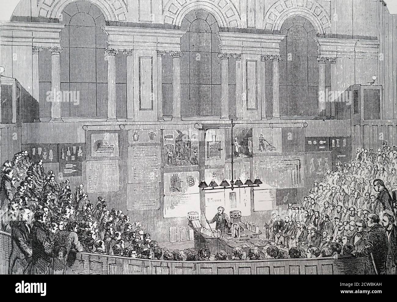 Gravur mit der Darstellung von Lyon Playfair (1819-1898), einer schottischen Chemikerin, Vortrag auf Glas im Museum of Practical Geology, London. Stockfoto