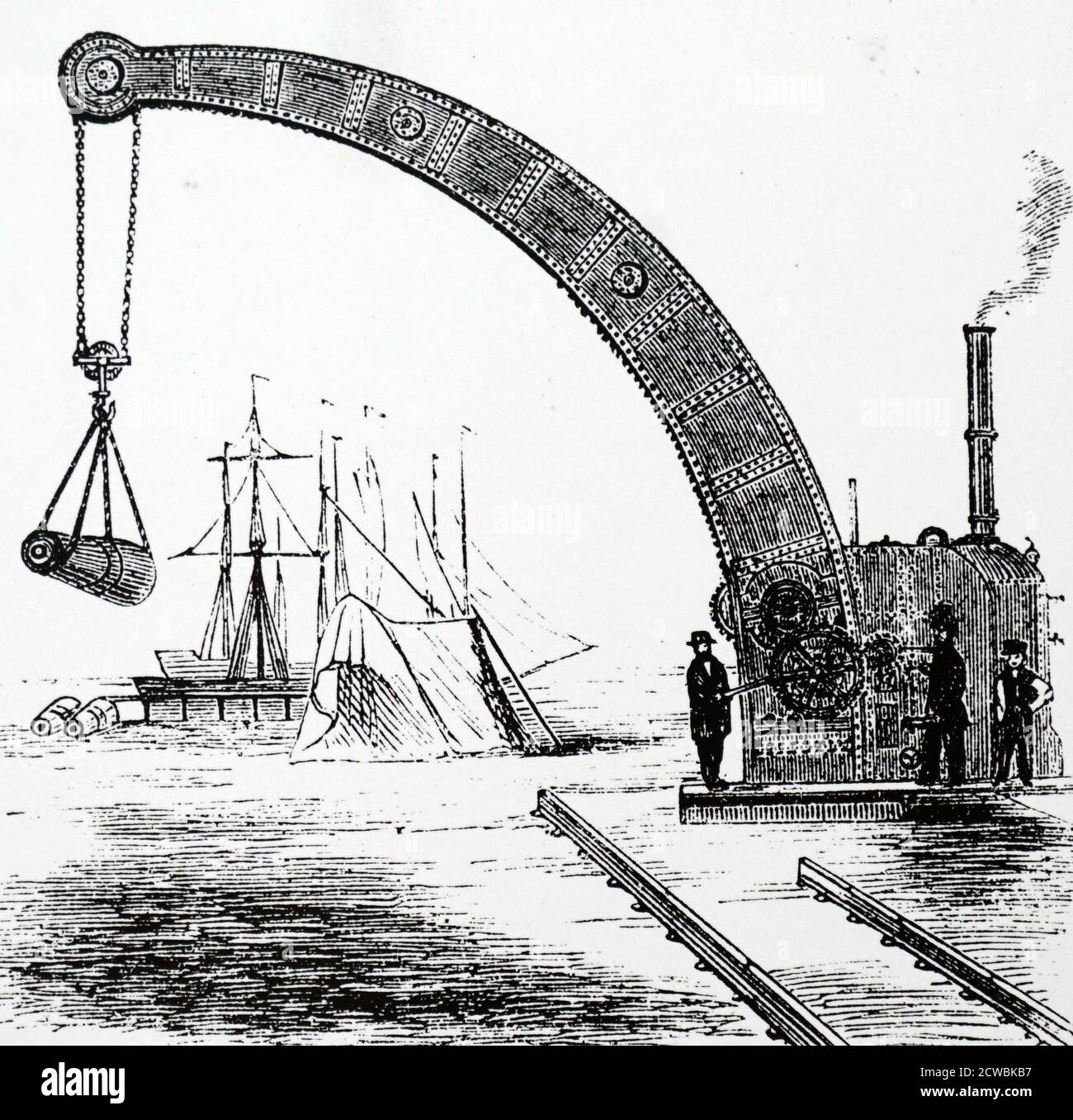 Gravur mit William Fairbairns Schwanenhalskran (10-Tonnen-Modell), der nach dem gleichen Prinzip wie die Conwy und Britannia Rohrbrücke gebaut wurde. In dieser Version wurde eine Dampfmaschine auf der Gegengewicht-Plattform platziert. Stockfoto