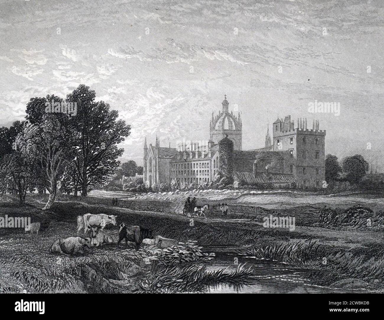 Gravur, die das Äußere des King's College, Old Aberdeen, Schottland darstellt. Stockfoto