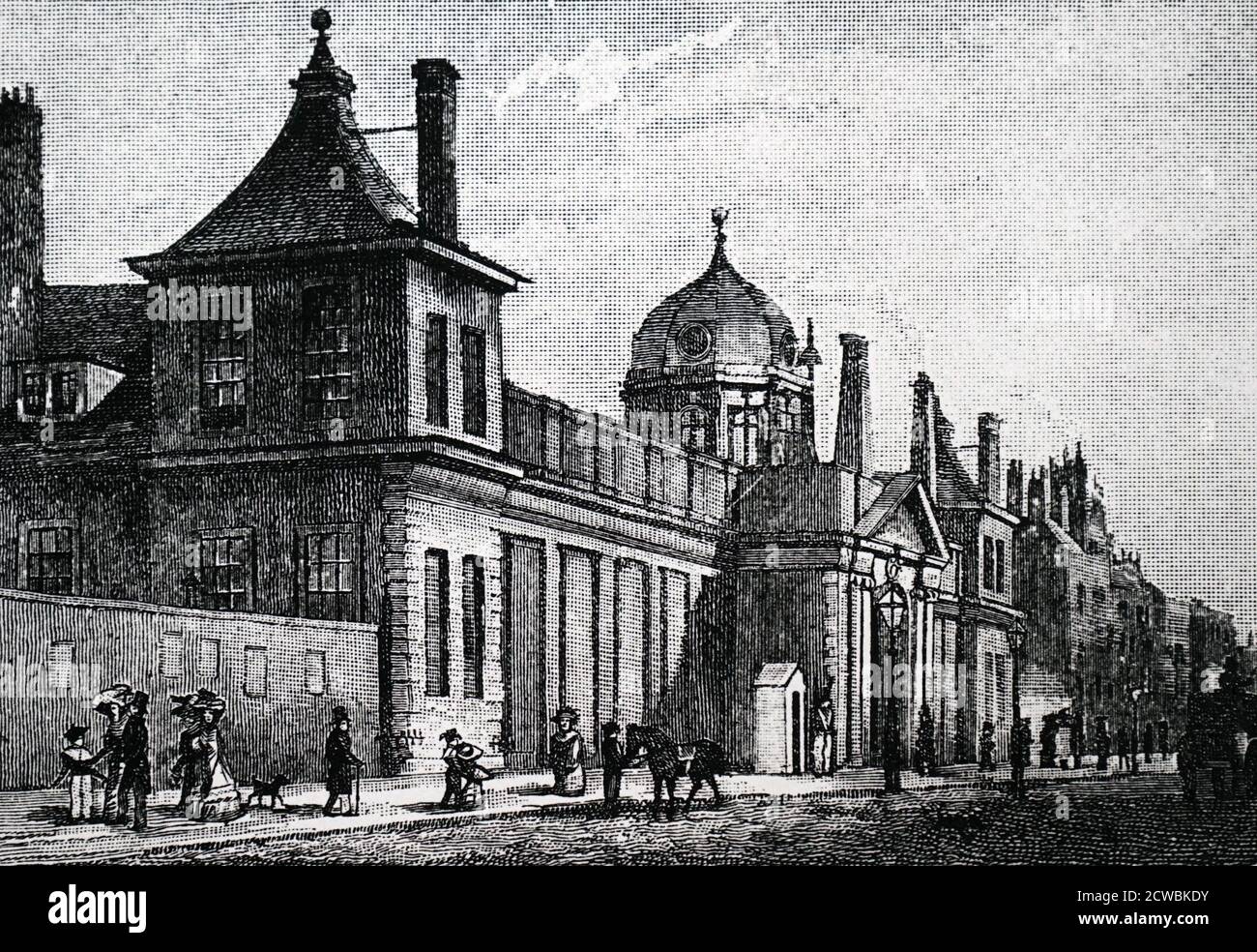 Gravur, die das Äußere des Montague House, der alten Heimat des British Museum, von der Great Russell Street darstellt. Stockfoto