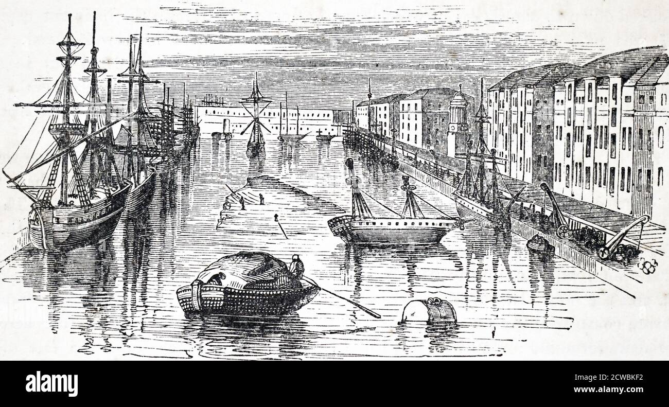 Gravur mit Darstellung des West India Dock, London, hauptsächlich als Holzdock verwendet zu dieser Zeit. Stockfoto