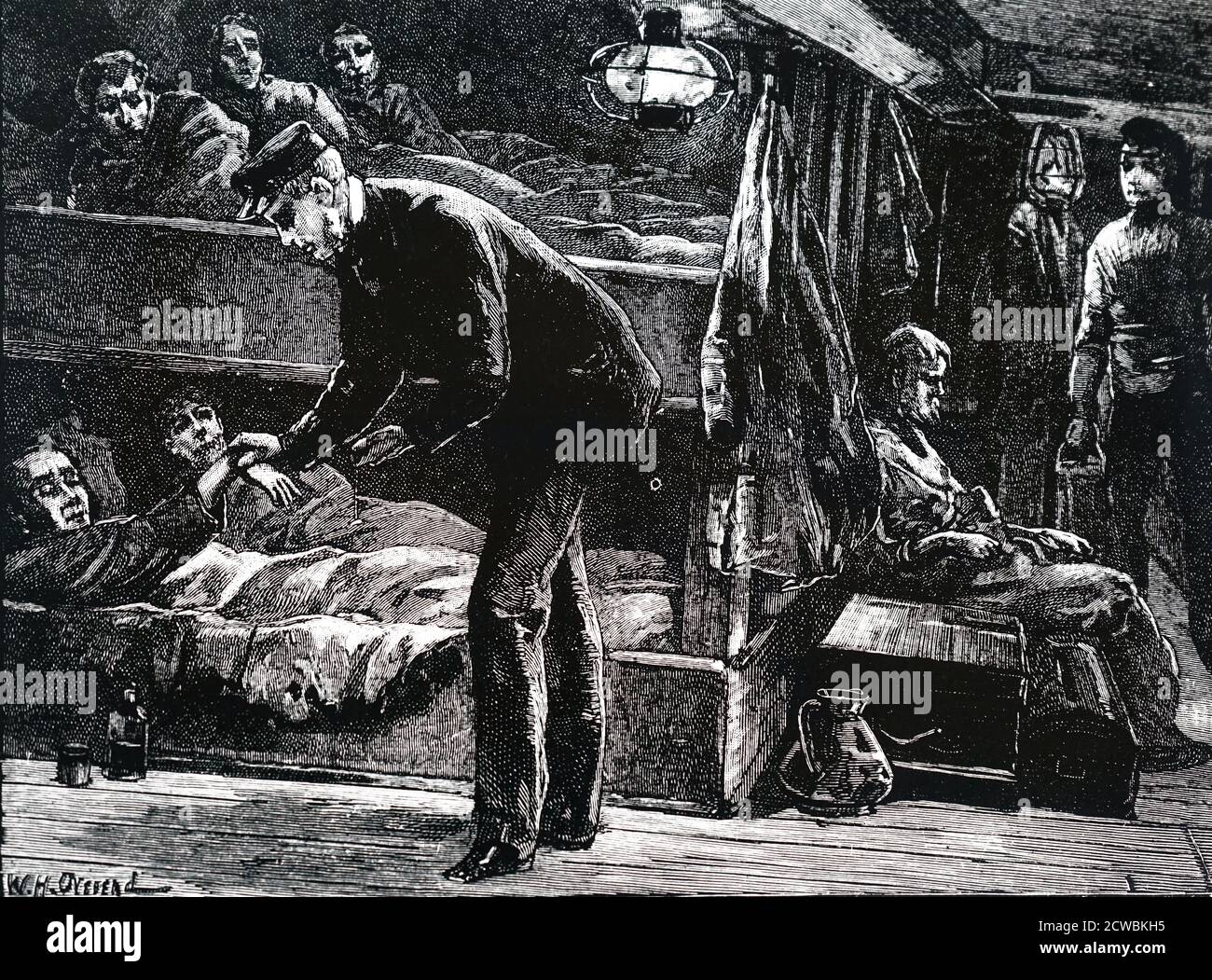 Gravur, die eine Szene an Bord eines irischen Emigrantenschiffs zeigt, das während der Kartoffelhungersnot in den 1840er Jahren nach Nordamerika verschifft wurde. Die Emigranten waren so geschwächt durch Hunger, dass Epidemien durch die beengten Quartiere fegten und die Sterblichkeitsrate hoch war. Stockfoto