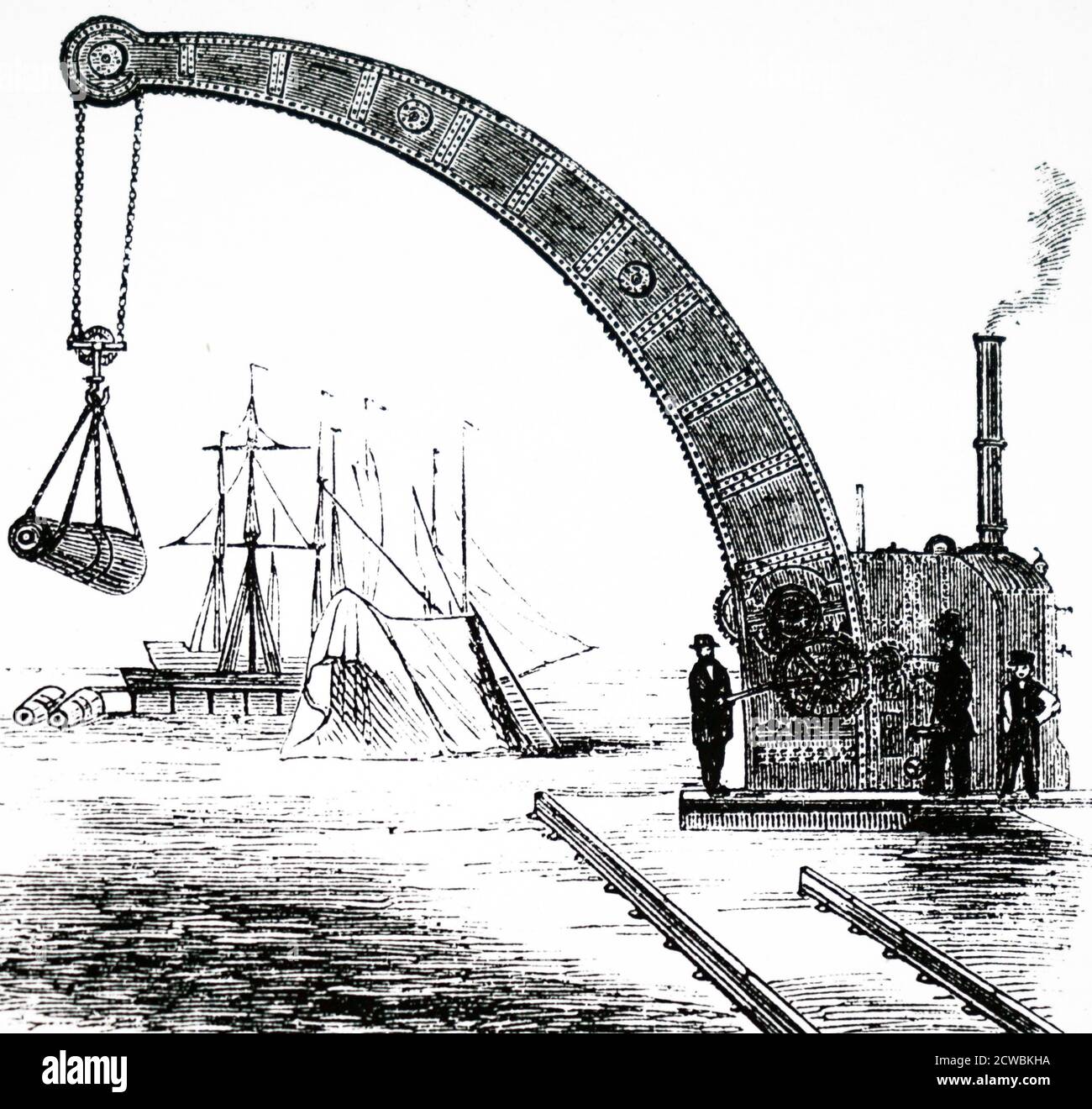 Gravur mit William Fairbairns Schwanenhalskran (10-Tonnen-Modell), der nach dem gleichen Prinzip wie die Conwy und Britannia Rohrbrücke gebaut wurde. In dieser Version wurde eine Dampfmaschine auf der Gegengewicht-Plattform platziert. Stockfoto