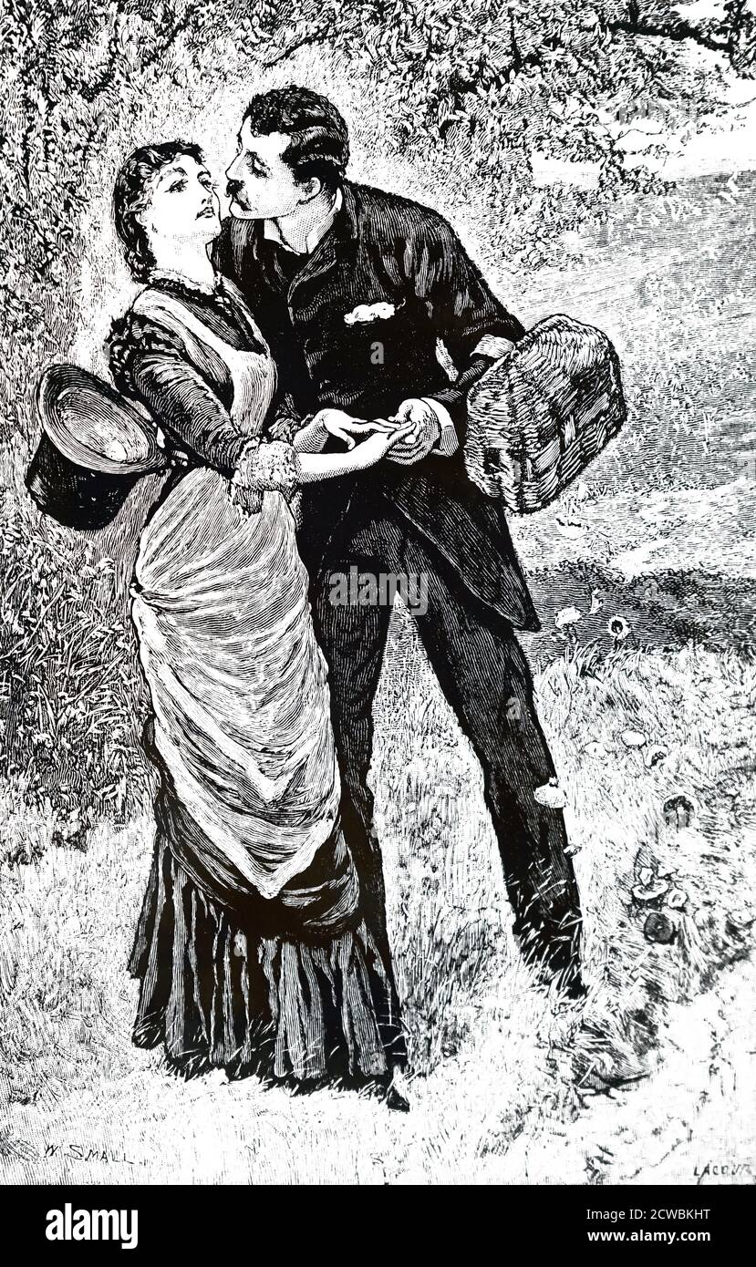 Gravur, die einen jungen Mann zeigt, der Pilze aus seinem Korb fallen lässt, während er versucht, seine weibliche Gefährtin zu küssen. Illustriert von William Small. Stockfoto