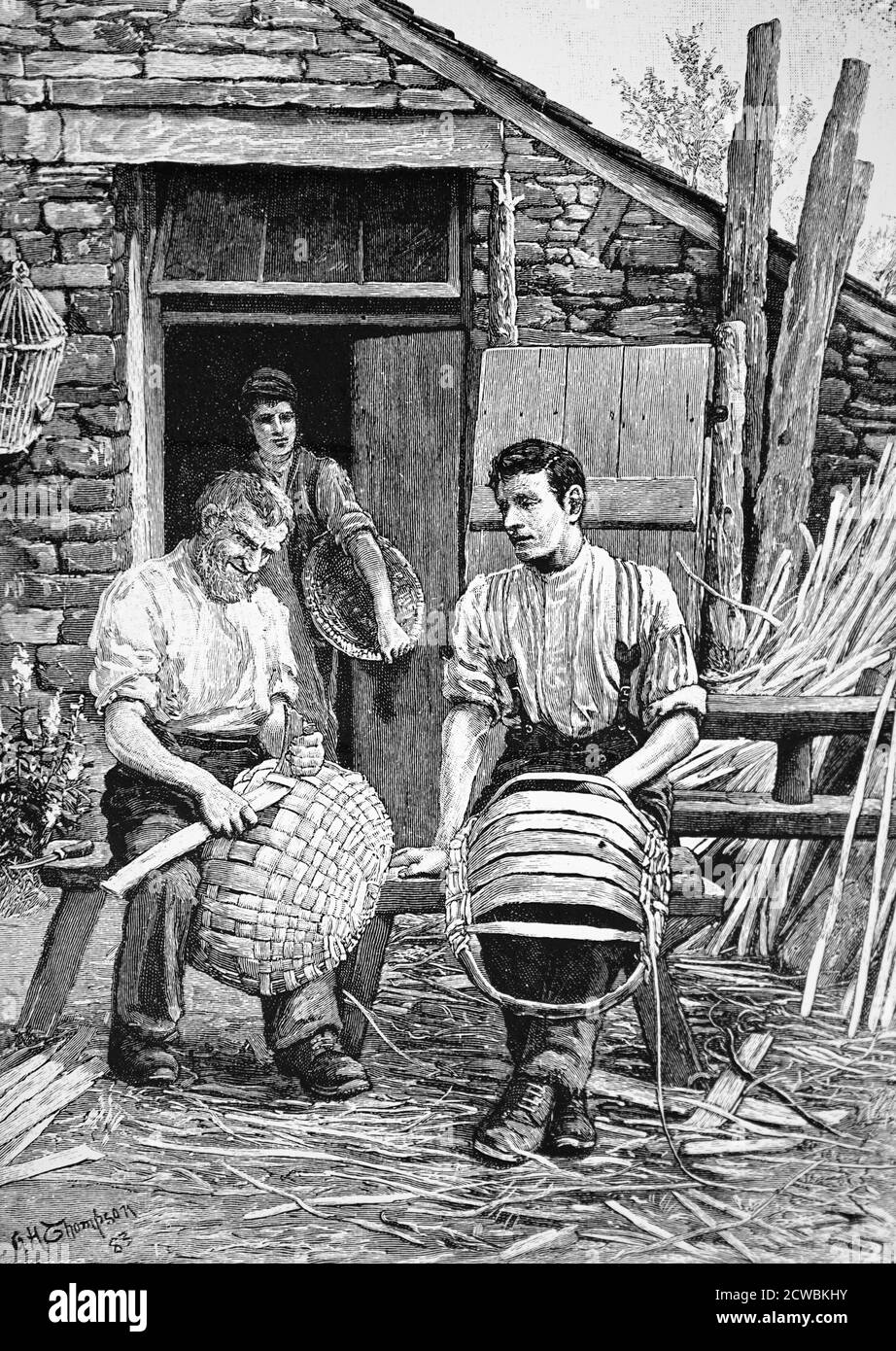 Gravur, die Handwerker aus dem Lake District zeigt, die "Willensbilder" machen. Dies waren Körbe aus geteilter Eiche auf einem ovalen Esche- oder Haselrahmen, der für die Verkohlung von Dampfmaschinen und für landwirtschaftliche Arbeiten verwendet wurde. Stockfoto